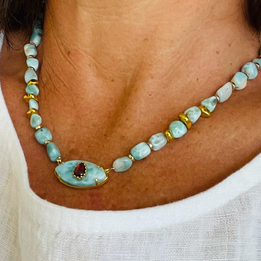 Larimar beaded natural gem stone necklace